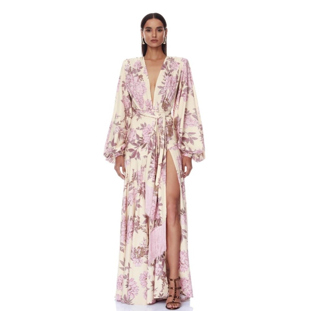 NEW BRONX BANCO Magnolia Carmen Blush Gown, Floral Maxi Wrap Dress in Pink, L